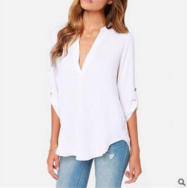 China Anti-pilling anti-pilling large V-neck female V-neck pleat sleeve European and American color loose long-sleeved chiffon shirt 8 8 for sale