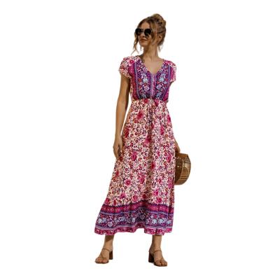 China High-Waist Skirt Vacation Beach Bohemian Breathable Lace-Up Mid Length Dress Short Sleeve Printed Women's Print Dress for sale