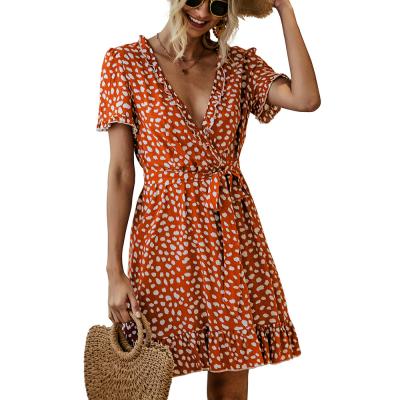 China 2021 Summer Anti-Static and American Women's OL Temperament Commuter V-Neck Ruffle Print Ruffle Length Anti-static European Dresses Mid Length for sale