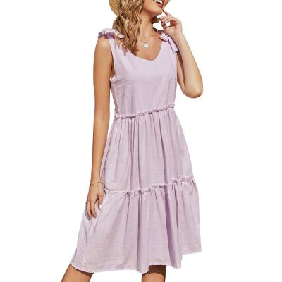 China 2021 Summer New Women's Breathable Dress Breathable Cotton And Tie Halter Canvas Bow Tie Mid Length Dress for sale