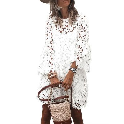 China 2021 Anti-static spring and round neck lace trumpet sleeve ruffle dress female two-piece summer anti-static suit for sale