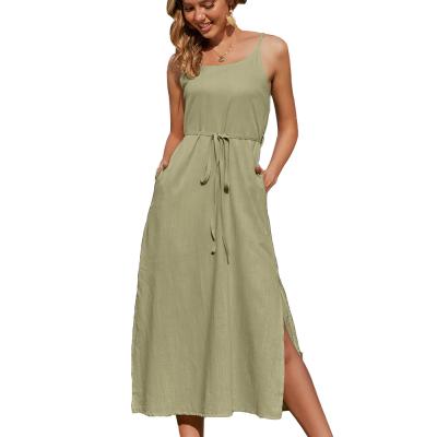 China 2021 spring and summer women's breathable cotton and sling linen dress split long casual linen skirt for sale