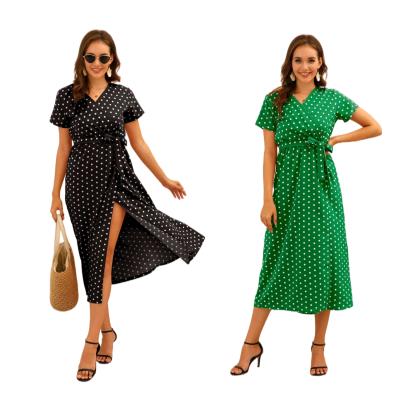 China 2021 Summer European and American Mid-length Lace-up Dress Bohemian Polka Dot Breathable Breathable for sale