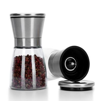 China Fashionable Stainless Steel Pepper Mill Grinder Home Kitchen Tool Glass Manual Salt Pepper Grinder for sale