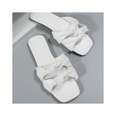 China Fashion Trend New Hot Selling Women Solid Bow Flat Slippers Ladies Beach Slippers Summer Shoes Slippers Designer Square Toe Slippers for sale