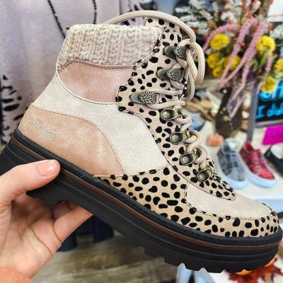 China New fashion trend autumn and winter women's large size Martin rejects high top round head lace up leopard wool boots for sale