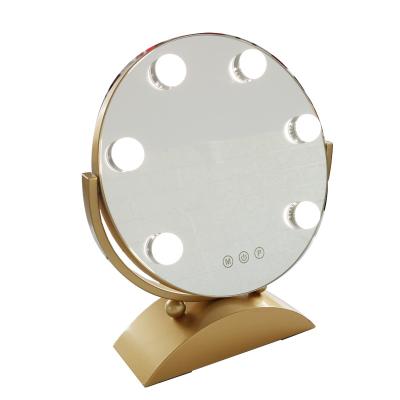 China Hollywood Lighted Round Shape Make Up Mirror With 6 Bulbs For Christmas Gifts Desk Metal Base Mirror for sale