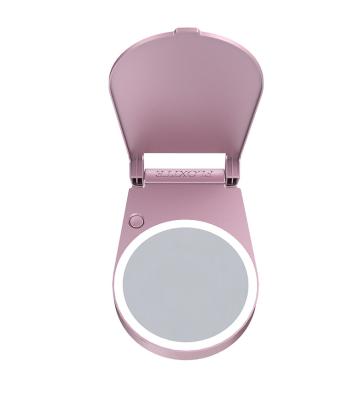 China Small Size Handheld Lighted Make Up Mirror With LED Light Up Foldable Button Switch Pull Out Purse Pocket Mirror for sale