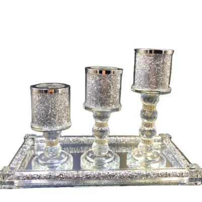 China Weddings factory supply silver crystal diamond crushed inside candlestick holders and bling glass tray set for sale