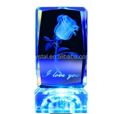 China Souvenir Wedding Favors or Christmas Decoration Gifts 3D Laser Rose Engraved Crystal Block With Led Light Base for sale