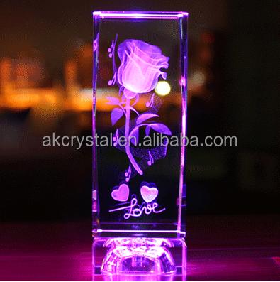 China Europe Love Gifts Attractive Type, Rose Engraved Flower Interior With Led Base 3D Laser Crystal Glass Light Cube for sale