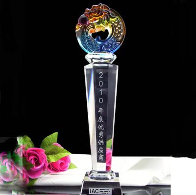 China Regional Feature Clear Crystal Trophy of Europe Europe. Glass trophy with Liuli dragon for sale