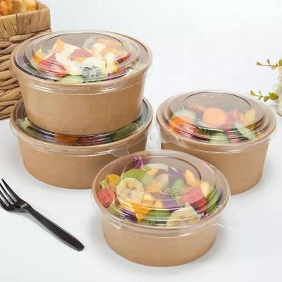 China Recycled Materials 256ml Small Brown Custom Recyclable Paper Soup Kraft Rolls Kraft Paper Salad Bowl With Lids for sale