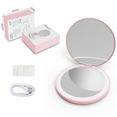 China Rechargeable Battery Mini Fold Small Pocket Led Lighted Portable Double Sided Makeup Mirror For Women's Makeup Back Lit Mirror for sale