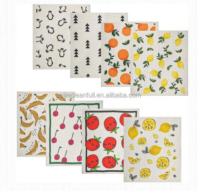 China Stocked Printing Fruit Design Dish Rags Reusable Paper Towels Cloths Cotton Cellulose Sponge Compostable Dish Towel for sale