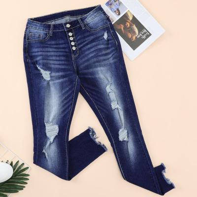 China New high-waisted ripped jeans nine breasted Shiying hand-wearing stitch crossover breathable jeans women for sale