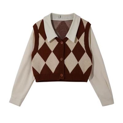 China Spring and Autumn Women's Fashion QUICK DRY Shirt + Retro Knitted Vest Diamond Loose Top Color Matching for sale