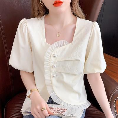 China Anti-wrinkle 2022 Summer New Puff Neck Square Sleeve Top Women's French Short Irregular Shirt for sale