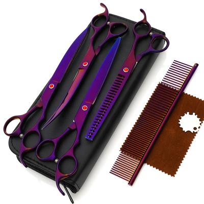 China Professional Hairdressing Scissors 8.0 Inc. Pet Scissors Flat Cut Blade Pet Groming Sets 4 Stainless Steel Scissors In A Free Bag Hot Sale Set for sale