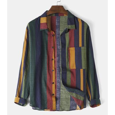 China Fashion Promotional Custom Made Trend Lapel Comfortable Colorful Long Sleeve Men's Striped Shirt for sale