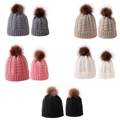 China COMMON Warm Hat Thicken Beanie Knitted Mom And Baby Hats Winter Beanies Pompom Hats For Baby And Mom for sale