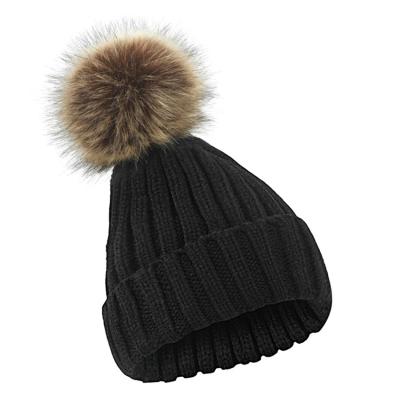 China Winter JOINT Ski Knitted Hat Fur Ball Knitted Hat Fur Pom Poms Beanie Hats Women Beanies Warm Knitted for sale