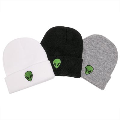 China breathable & Waterproof Custom Logo Knitted Winter Alien Embroidery Beanie Hat Solid Color Acrylic Knitted Hat for sale