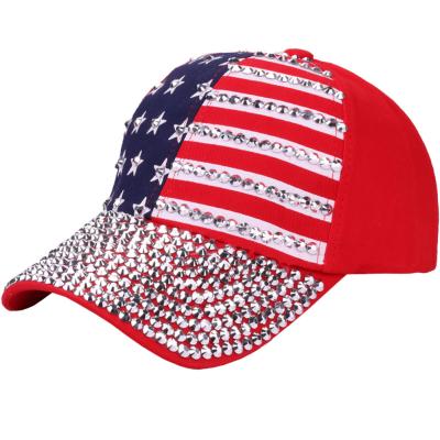 China JOINT Outdoor Sports Stars Striped USA Flag Hats Rhinestone Baseball Cap for sale