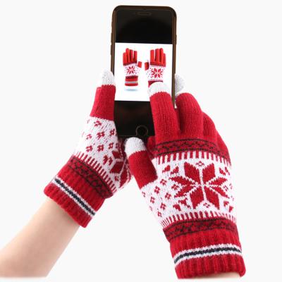 China Hands Warmer Touch Screen Winter Jacquard Snowflake Double-Layer Windproof Mittens Acrylic Knitted Mittens With Touch Screen for sale