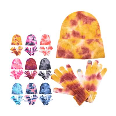 China Ribbed Ski Hat Knit Warm Cap Winter Tie Dye Medium Mitt Mitten Glove Set for sale