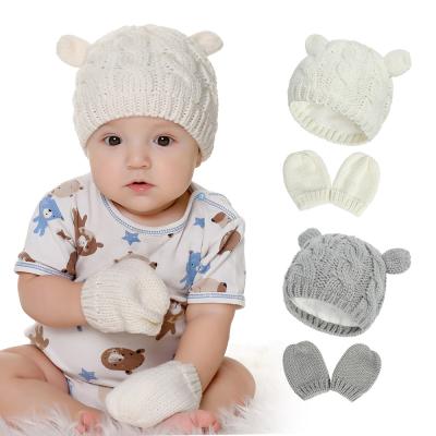 China Cute Little Ear Shape Baby Boy Girls Striped Hat Knitted Hat Mitten Costume Hat Mitten Set for sale