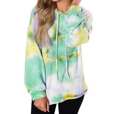 China Anti-pilling 2021 Women's Hoodies Hooded Waffle Tie Dye Copy Tops Long Sleeve Waffle Tie Dye Sweater Hoodie For Women for sale