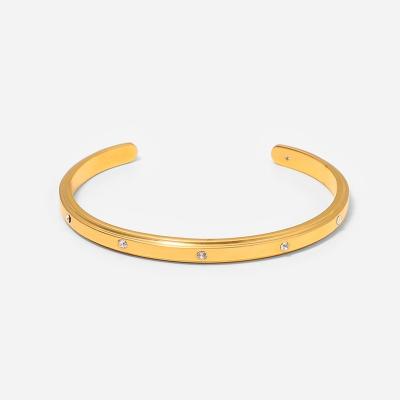 China TRENDY Minimalist 18K Gold Plated Stainless Steel Jewelry Simple Wide Round Cubic Zircon Opening Bracelet For Women for sale