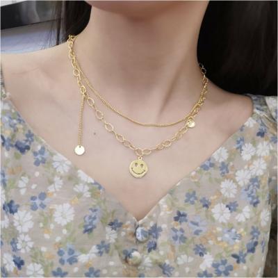 China 2021 Lead Free Nickel Free New Fashion Jewelry 2 Layer Happy Smile Charms Deep Chain Necklaces For Women for sale