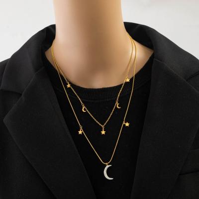 China Lead Free Nickel Free Multilayer Stars Moon Simple Zircon Chain Pendant Necklaces Stainless Steel Jewelry For Women for sale