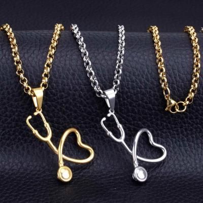 China FASHIONABLE Stainless Steel Stethoscope Gold Silver Color Heart Pendant Doctor Nurse Medical Necklace For Women for sale