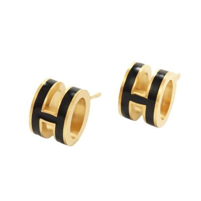 China FASHIONABLE Engagement For Bride Designer Luxury Black H Gold Stud Earring For Women 316L Stainless Steel Fashion Jewelry Couples Earring for sale