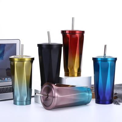 China 500ml Gradient Irregular Shape Stainless Steel Coffee Mug Insulation Unique Viable Colorful Straw Mug Double Layer Water Mug for sale