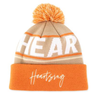 China JOINT Winter Kids Orange Jacquard 100% Acrylic Flip Hat Knit Embroidered Two Tone Pom Pom Beanie Hat for sale