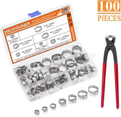 China Crimping 100 Pieces 6-21mm 304 Stainless Steel Stepless Single Ear Leads Clamps With Plier Kit for sale