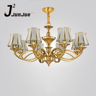 China Contemporary Modern Retro Metal Chandelier Vintage Copper Brass Chandelier Shining Patterned Glass Lampshade Lighting for sale