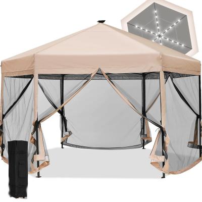 China Weather Resistant 13x13 Hexagonal Tent With Mosquito Netting With LED Lights Screen Easy High Pop Up Canopy Tent Gazebo for sale