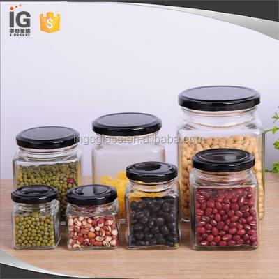 China Sustainable Square Glass Jam Jars With Black Screw Caps for sale