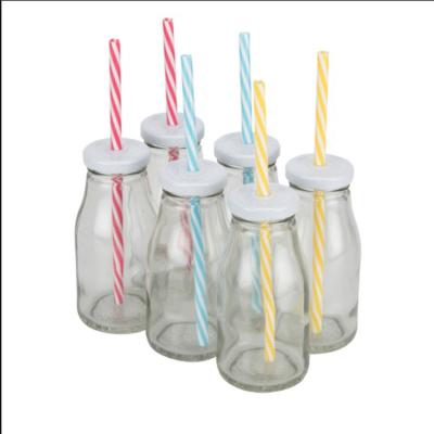 China Vintage Glass Beverage 200ml 300ml 500ml Milk Bottle With Twist Off Lids And Straws for sale