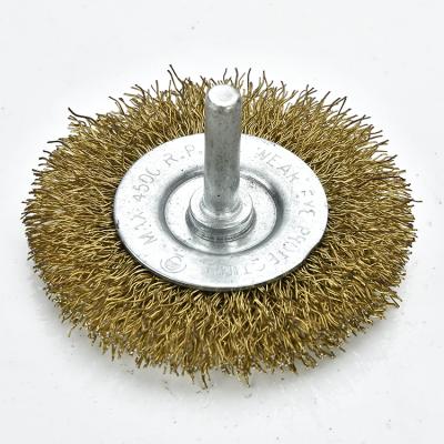 China Utility and efficient polishing metal with low price flat circular brush with shaft copper plated steel crimped wire wheel en12413 grinding for sale