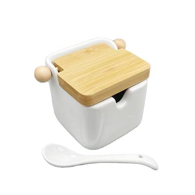 China Microwavable Ceramic Bamboo Spice Drawers Sugar Bowl Spice Bowl Lid for Home and Kitchen with Spoon - Modern Design for sale