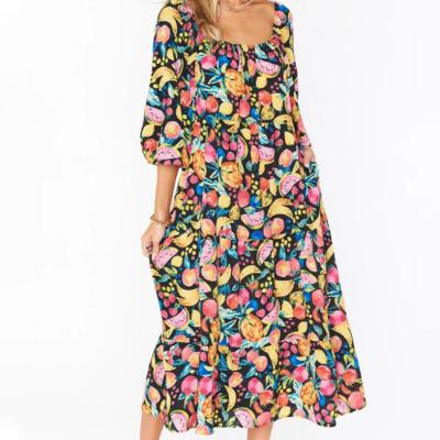 China Wholesale Anti-Static 2022 spring and fruit sleeves new summer fashion puff neck sweet and cute dress loose women's round printing dress for sale