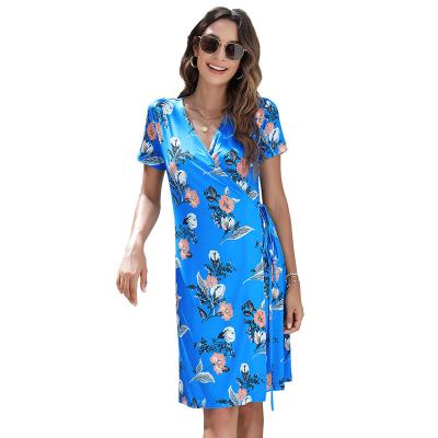 China Custom Made Breathable Blue Floral Korean Slim Mid Length Skirt Waist Wrap Dress Summer Short Sleeve Dress for sale