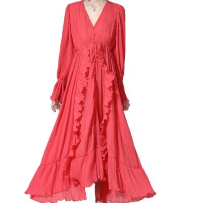 China 2022 anti-static spring and mid-waist French women's sleeve puff summer v-neck solid color sweater pleated temperament dress for sale