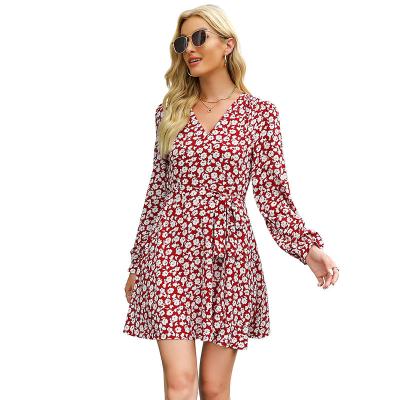 China Anti-Static Flower Women's Casual Dress V-neck Women's Long Sleeve Mini Skirt Fashion Dress for sale